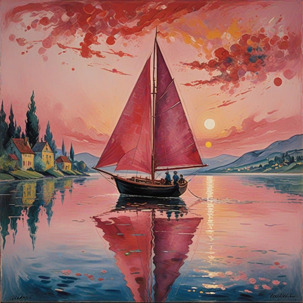 Surreal Sailboat Glides Across a Monochromatic Sunset Lake i...