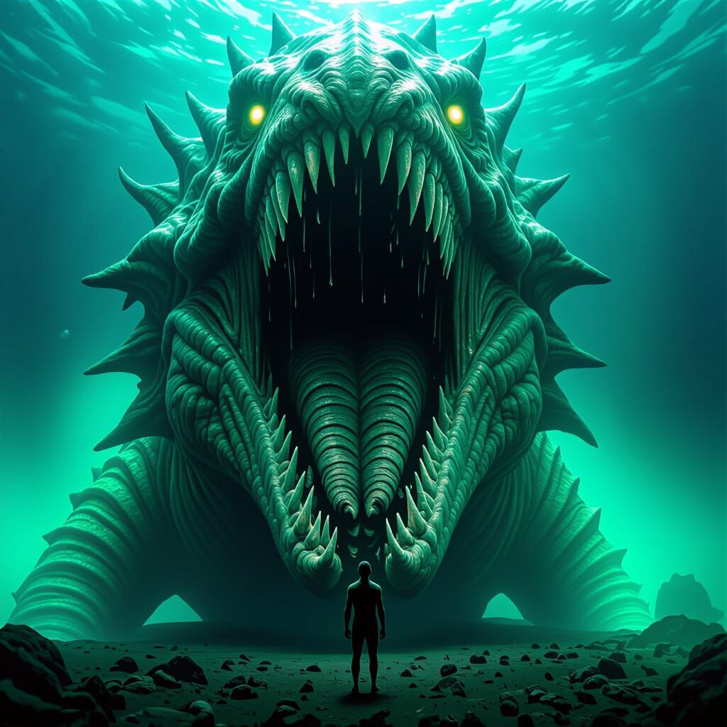 Terrifying Sea Monster Towers Over Human in Abyssal Depths