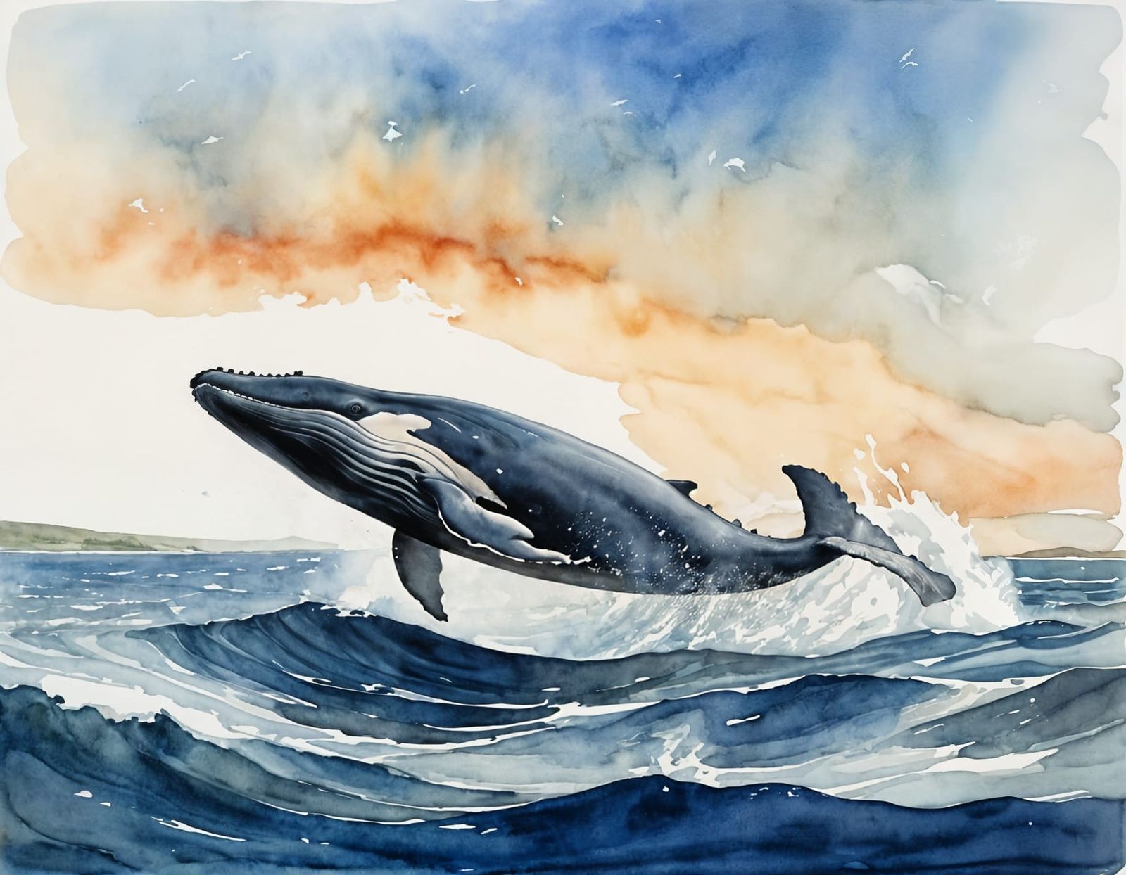 Whale Breaking the Surface in a Dreamy Watercolor Style