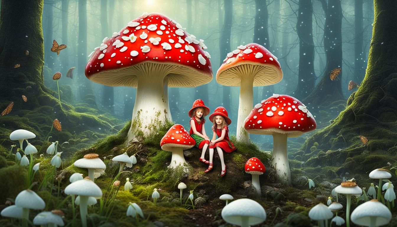 Fairies on Amanita Mushrooms in a Mystical Dreamscape