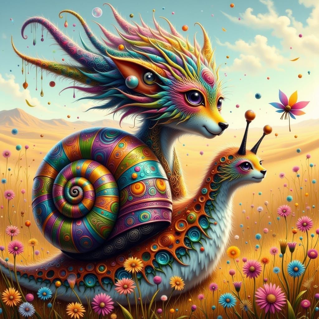 Surreal Cheetah-Snail Hybrid in Vibrant Savannah Landscape