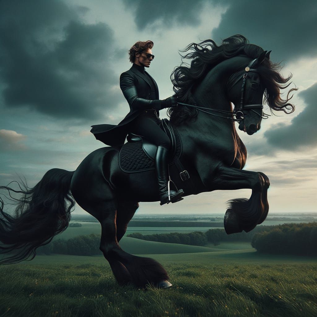 Majestic Black Friesian Horse with Confident Rider