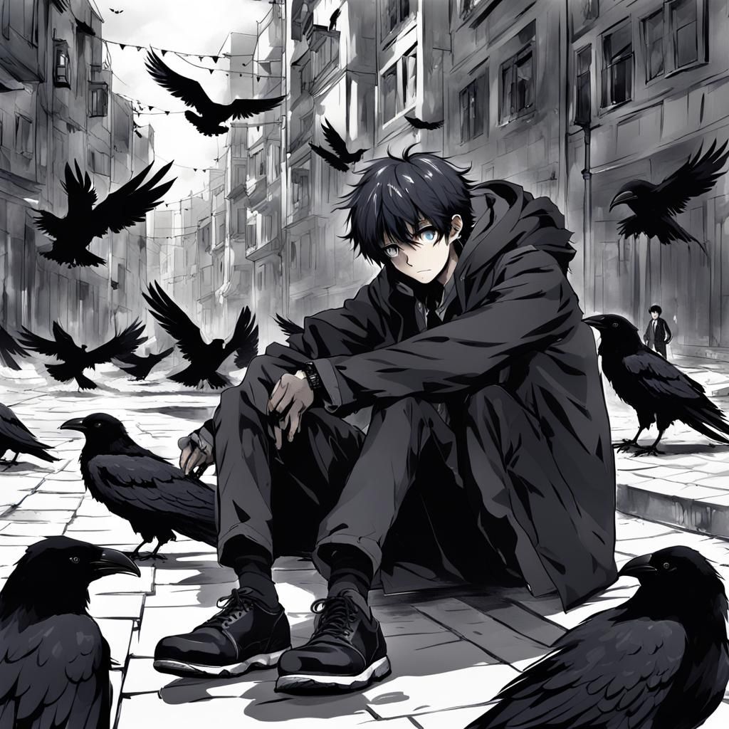 Raven-Winged Boy: Anime-Style City Isolation