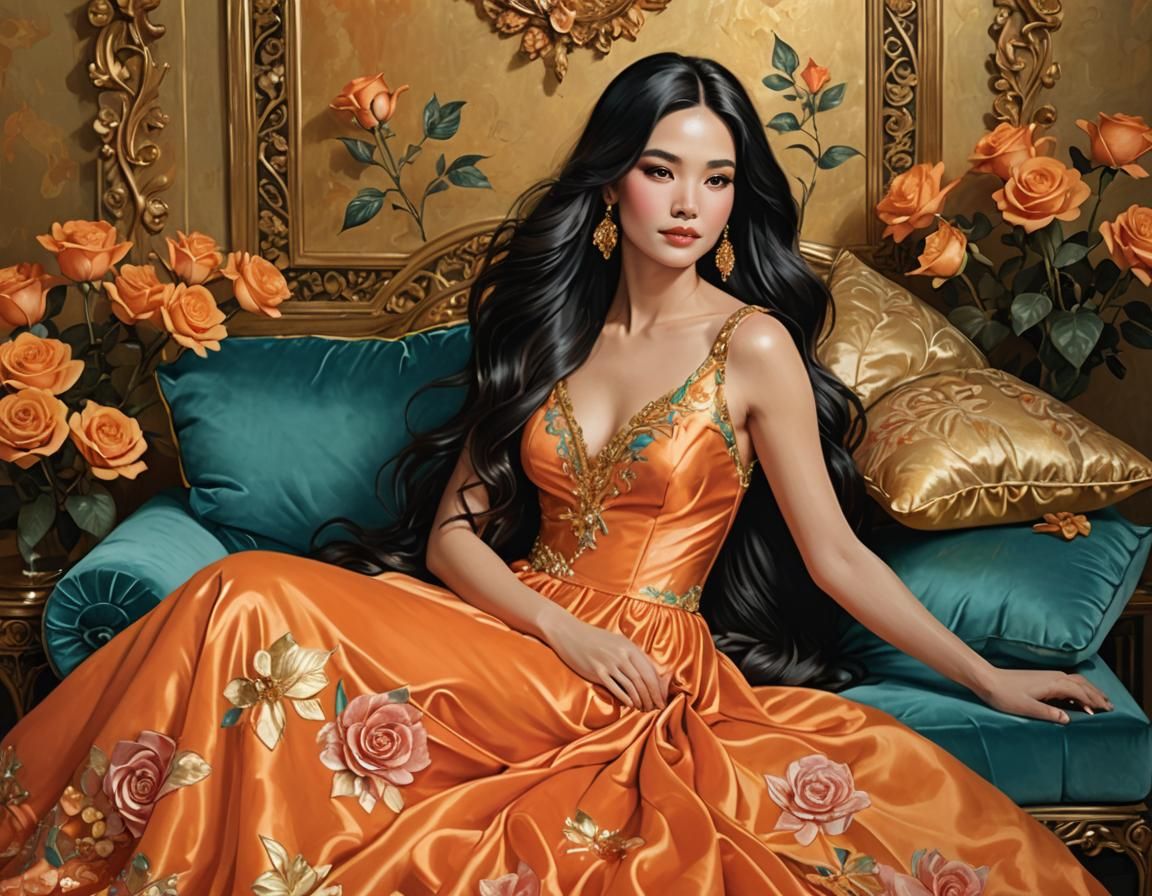 Woman in Orange Gown, Realistic Digital Art