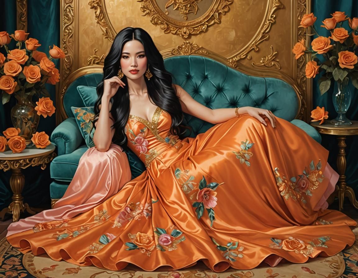 Elegant Woman in Orange Gown, Digital Art Portrait
