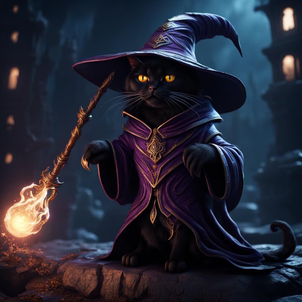 Evil Black Wizard Cat in the Dark: Fantasy Art