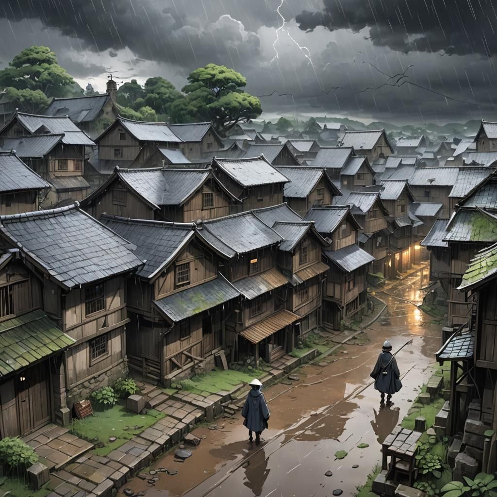 A foreboding storm with hea, ruined houses, wet cobblestones...