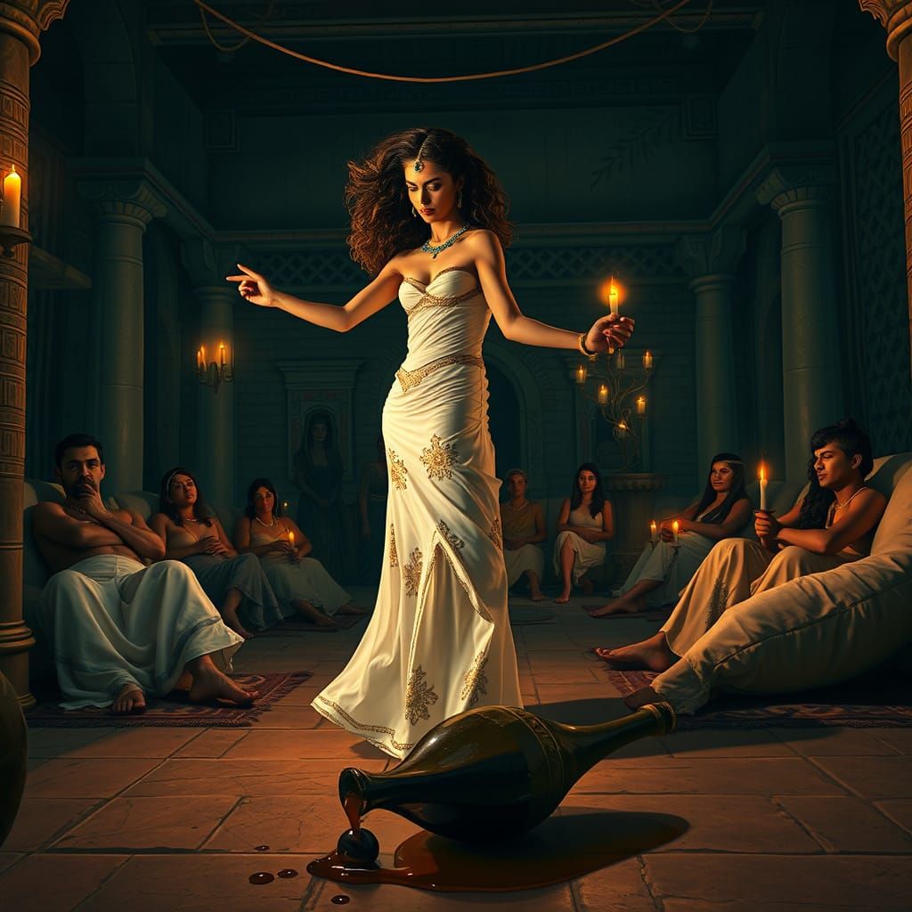 Candlelit Alexandrian Brothel with Dancer in Ancient Egypt