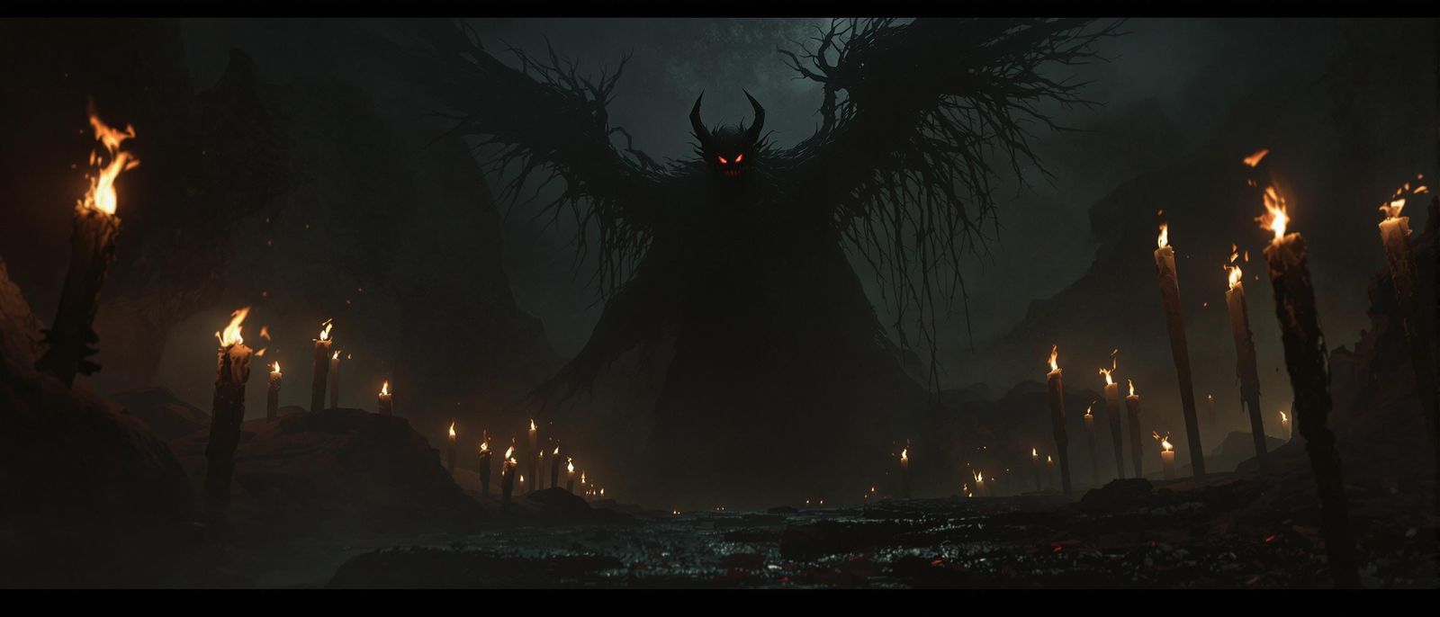 Dark Fantasy Scene in Cinematic Style, with Ominous Shadows....