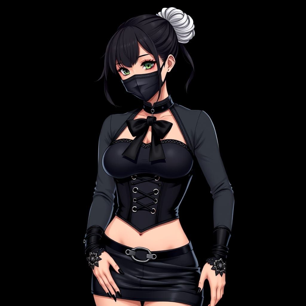 Anime Woman in Black Latex Corset with Mask