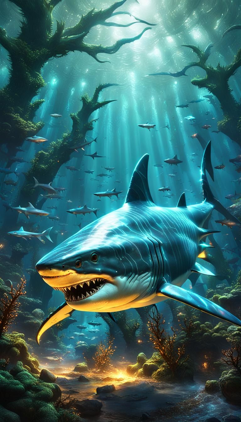Shark-Aquaman Hybrid in Electric Forest: Fantasy Concept Art
