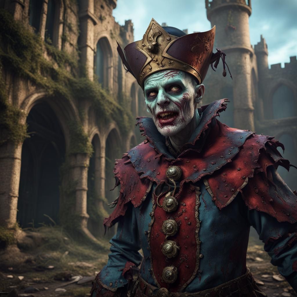 Zombie Jester in Abandoned Castle: Detailed Matte Painting