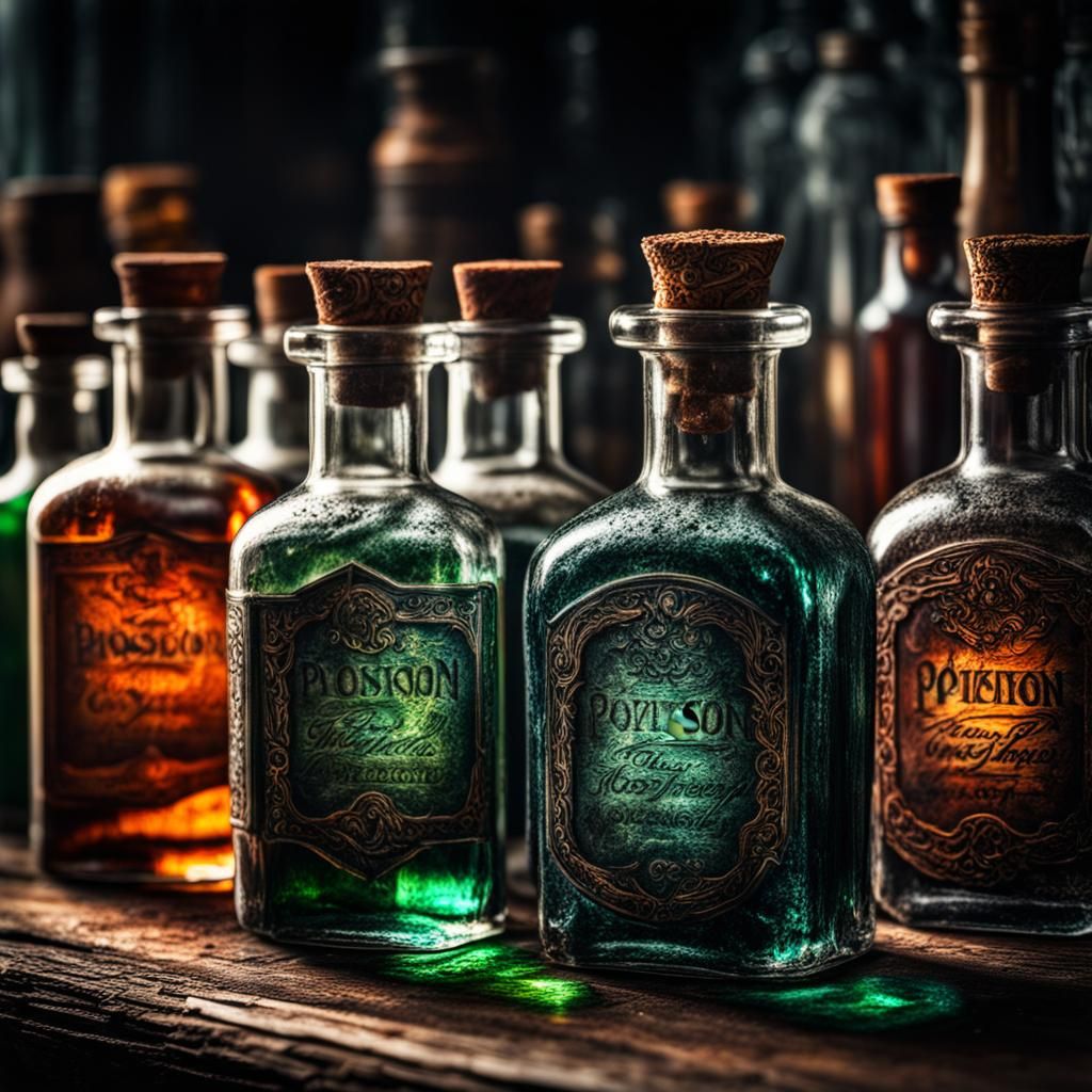 Hyperrealistic Poison Potion Bottles in Sharp Focus