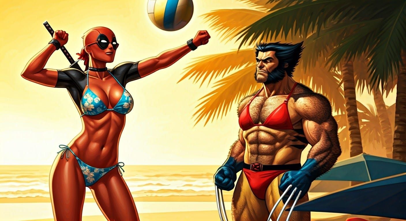 Deadpool and Wolverine's Beach Volleyball Game