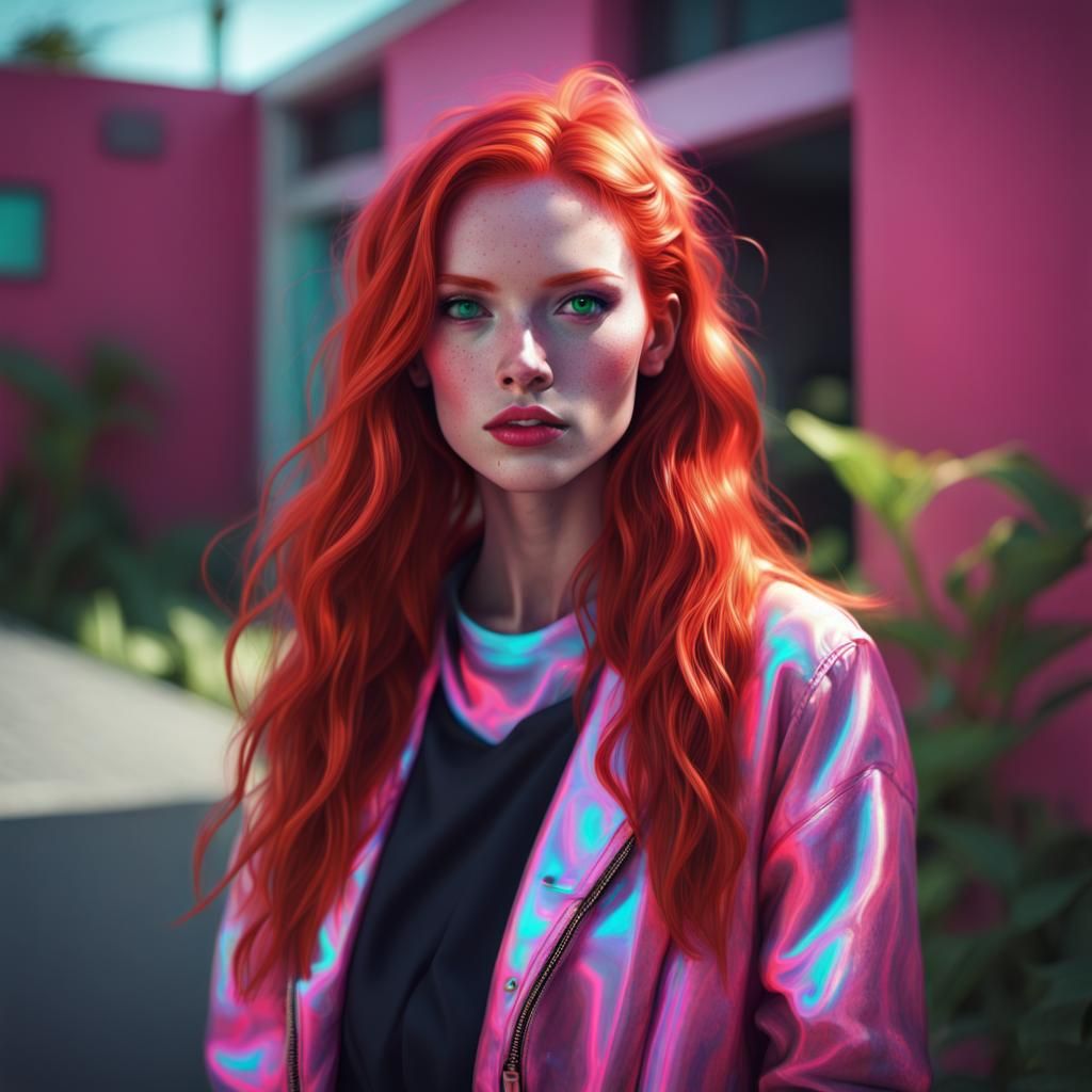 Freckled Redhead in Synthwave Neon Style