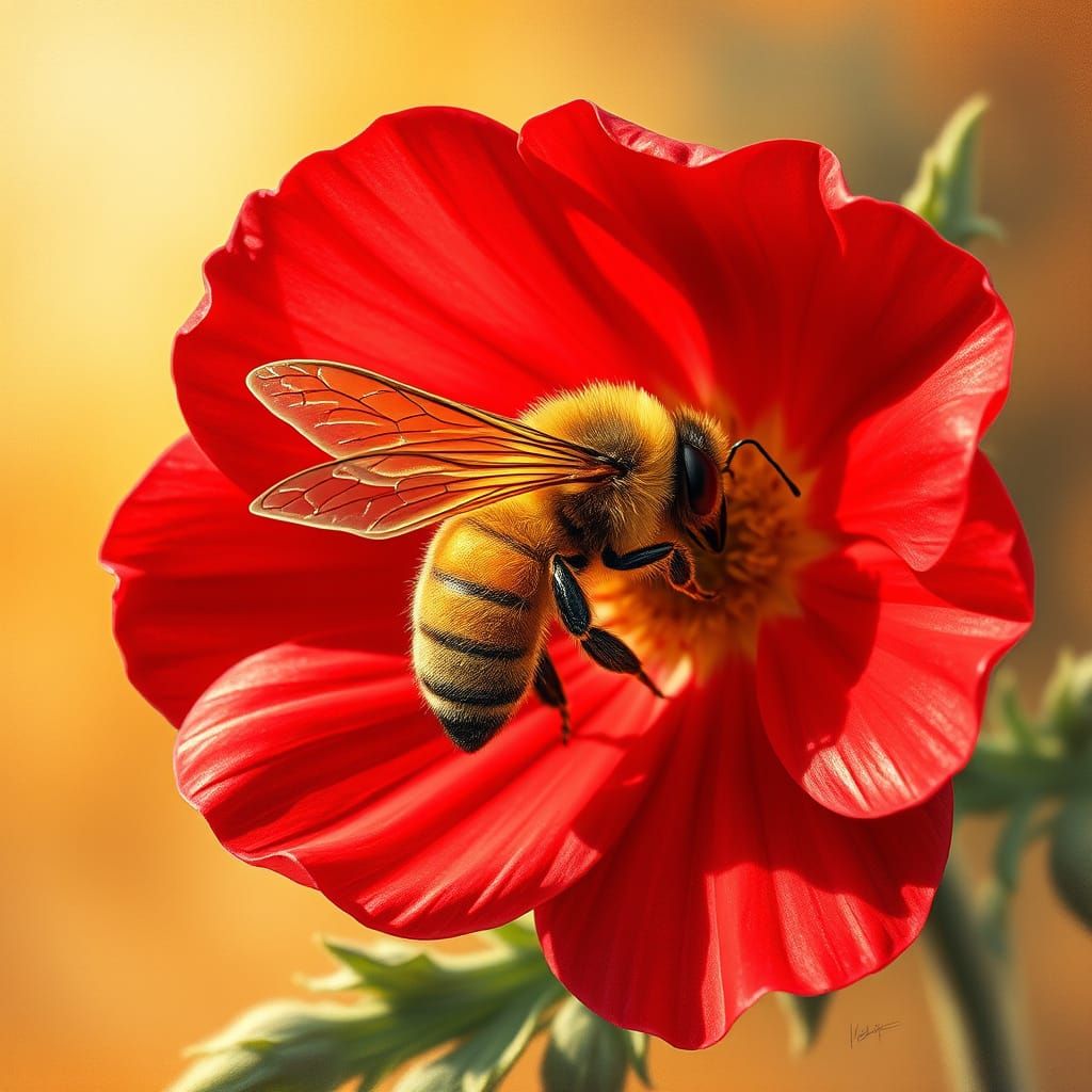 A beautiful bee eating nectar of a red flower