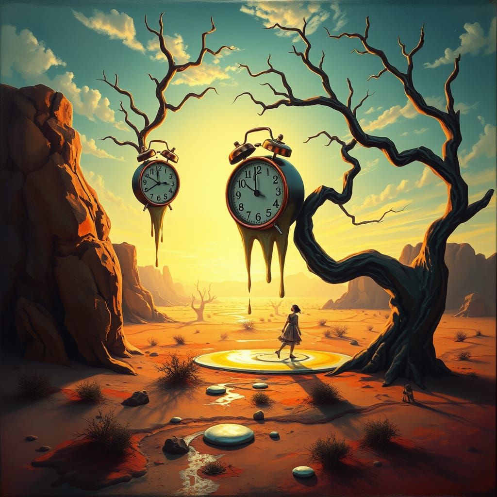 Surreal Desert Dreamscape with Melting Clocks