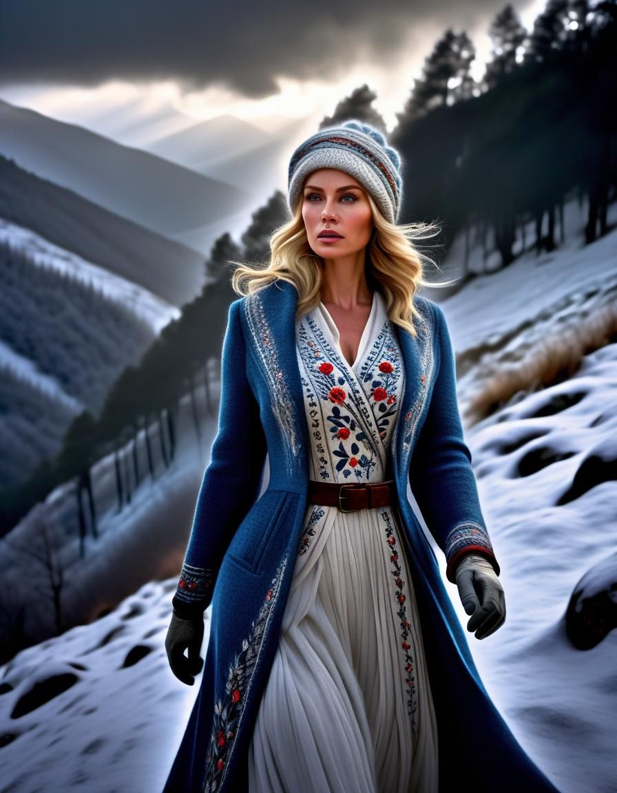 Renaissance-Style Portrait of Woman in Snowy Landscape