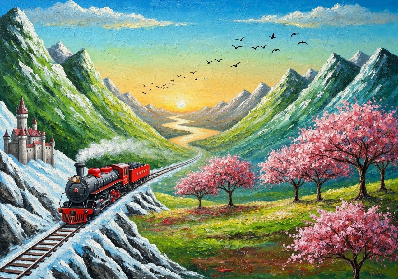 Vivid Red Steam Train Through Snowy Mountains at Sunset