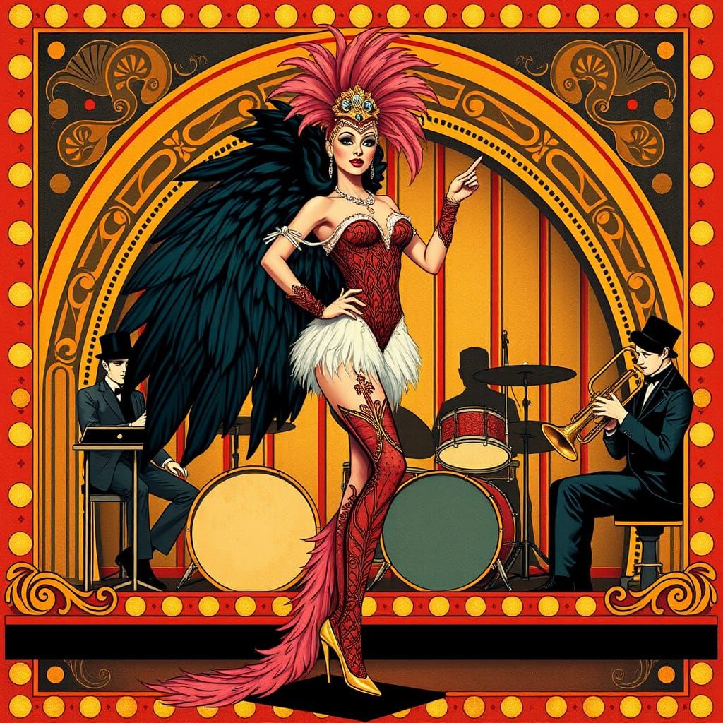 Showgirl on Cabaret Stage in Art Nouveau Style