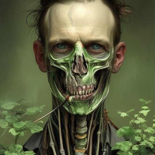 Happy Half-Skeletal Gardener Portrait in Hyperdetailed Style