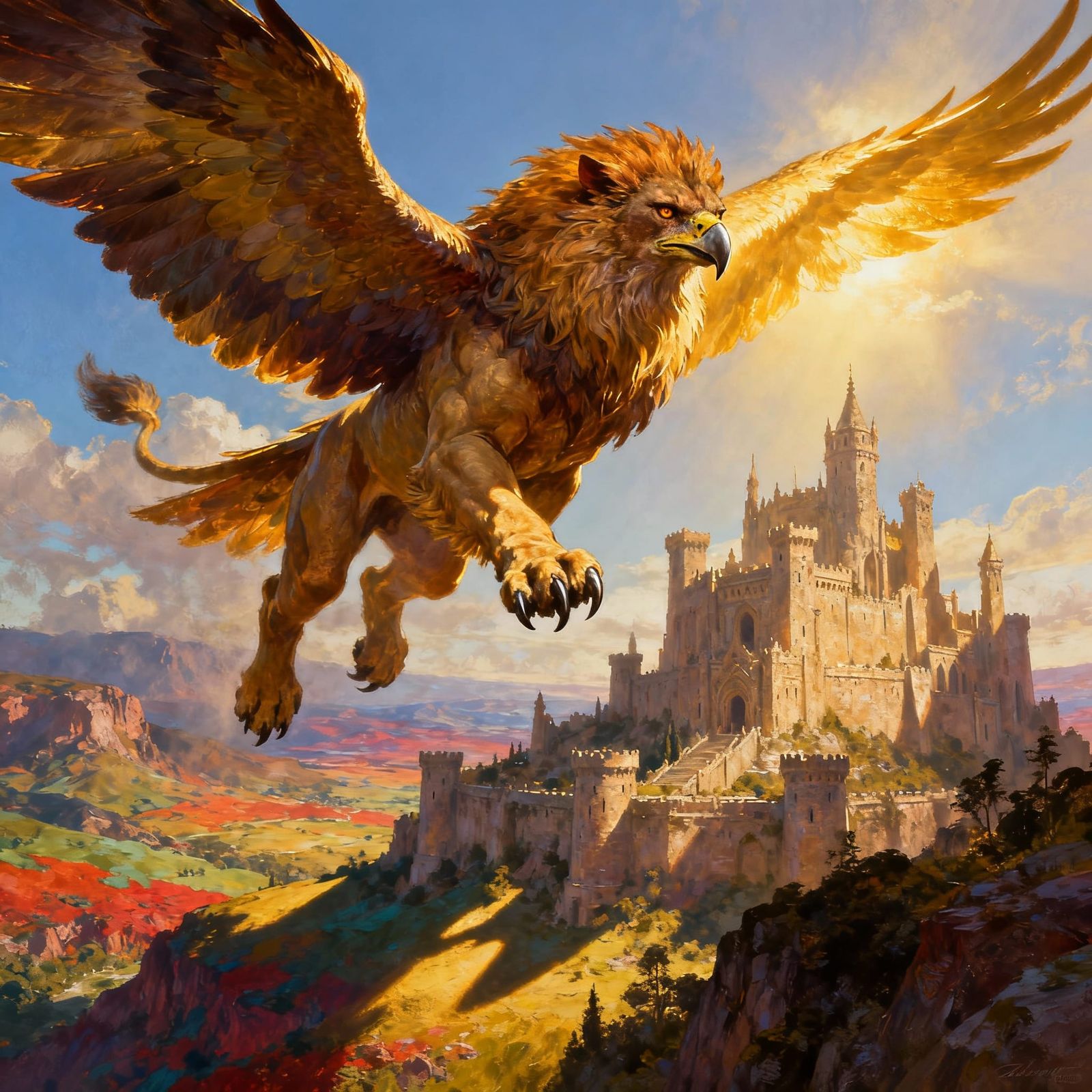 Majestic Griffin Soars Over Epic Castle Landscape