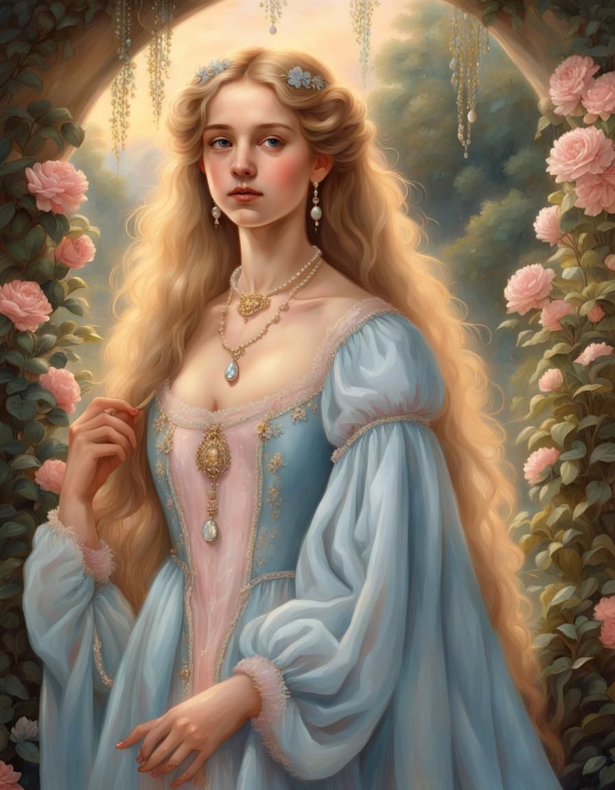 Renaissance Girl in Blue Gown in Garden Painting