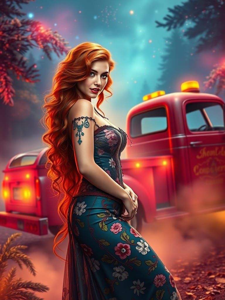 Pin-Up Woman with Red Hair Beside Tow Truck in Ethereal Mist