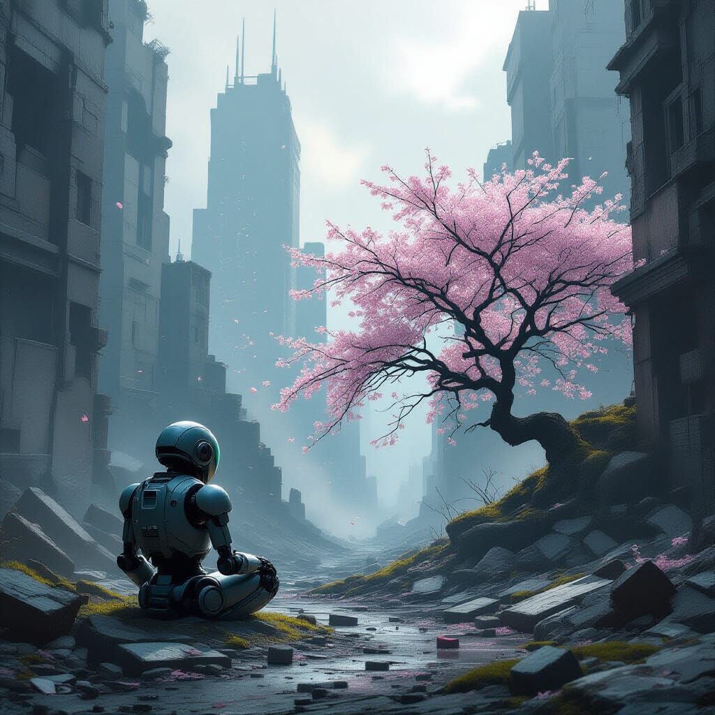 Ancient Robot in Ruined City with Sakura Tree