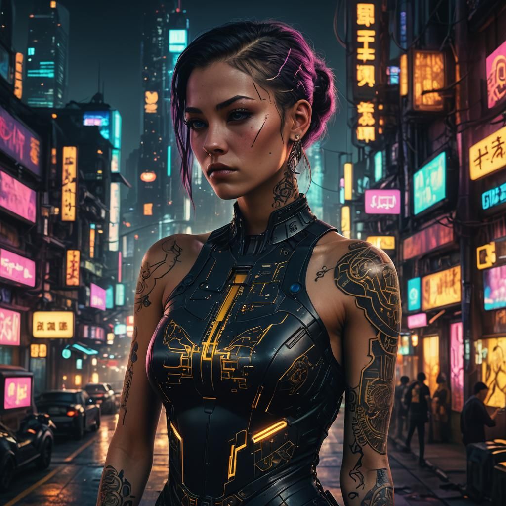 Cyberpunk Woman in Neon Cityscape