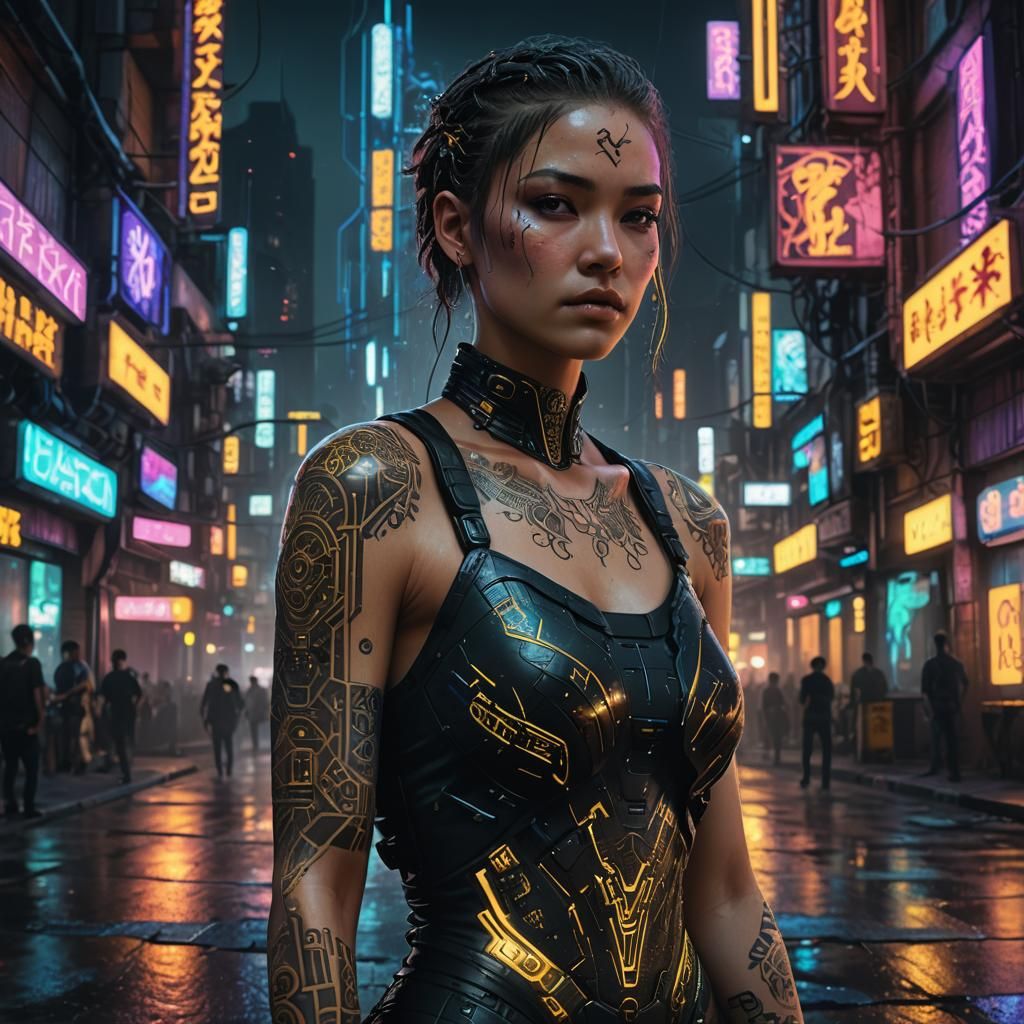 Cyberpunk Woman in Neon Cityscape