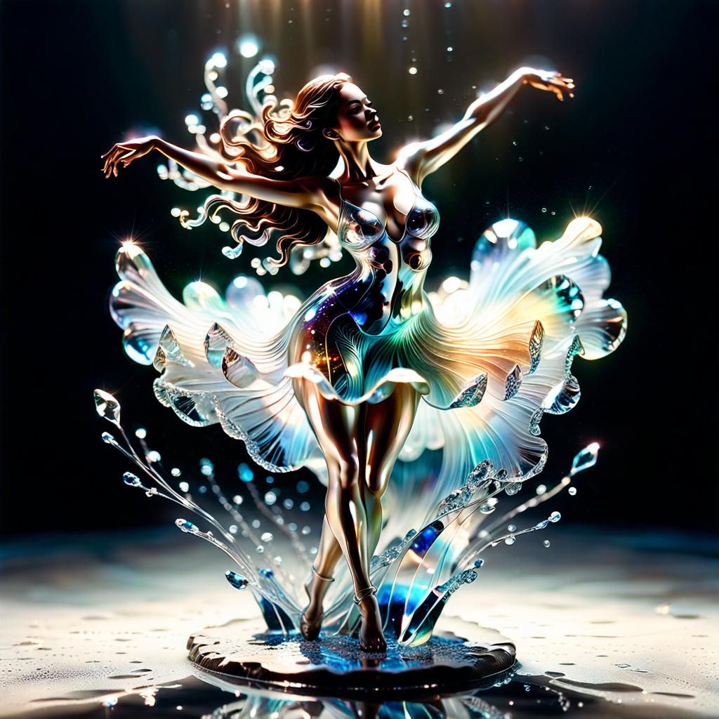 Tall Delicate light transparent crystal glass sculpture of sensual, voluptuous,  woman dancing in a puddle, luminous opa...