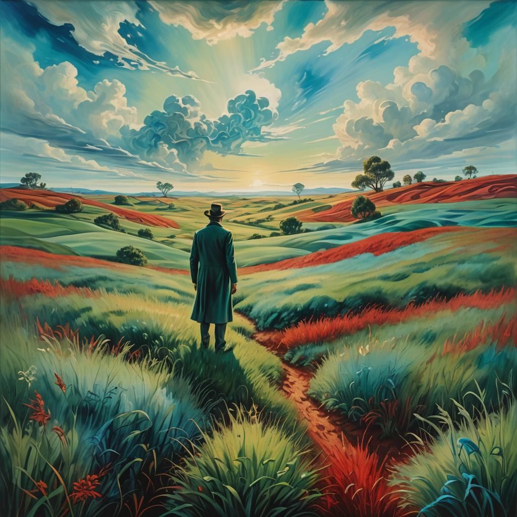 Surreal Landscape with Figure in Dreamlike Oil Painting