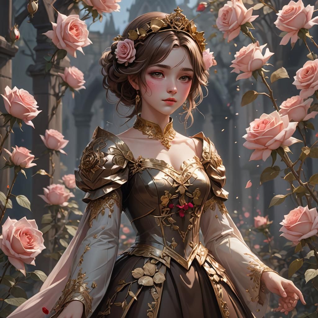 Rose Princess in Anime Style with Golden Dress