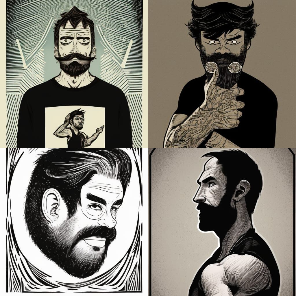 Linocut of Bearded Skateboard Yoga Portrait