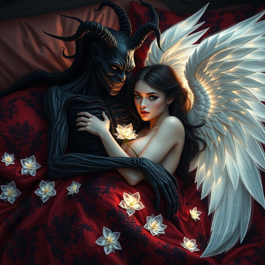 Angel and Demon Entwined in Hyperrealistic Embrace