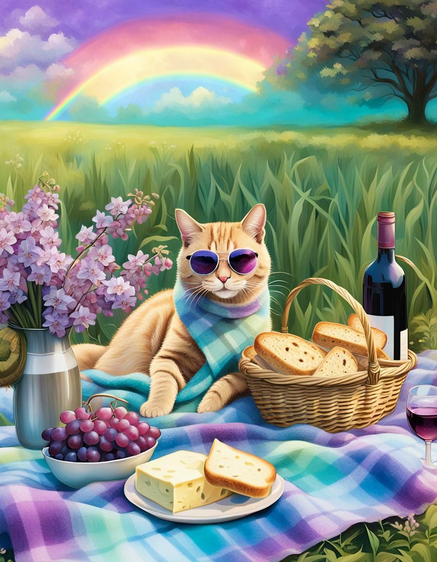 Tabby Cat's Pastel Picnic Fantasy