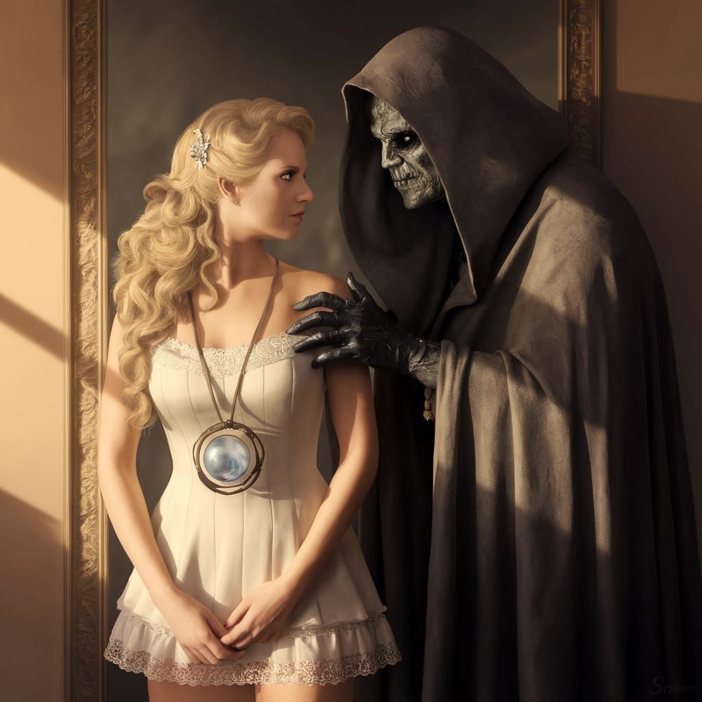 Elegant Blonde Woman in White Dress, Surrounded by Mystery