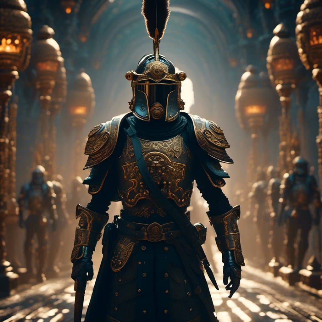 Armored Sardaukar Soldier in Dimly Lit Corridor