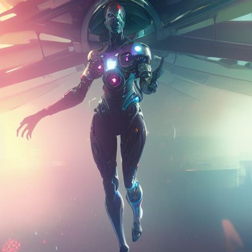 Cyborg Floating in Air, Art Nouveau Style