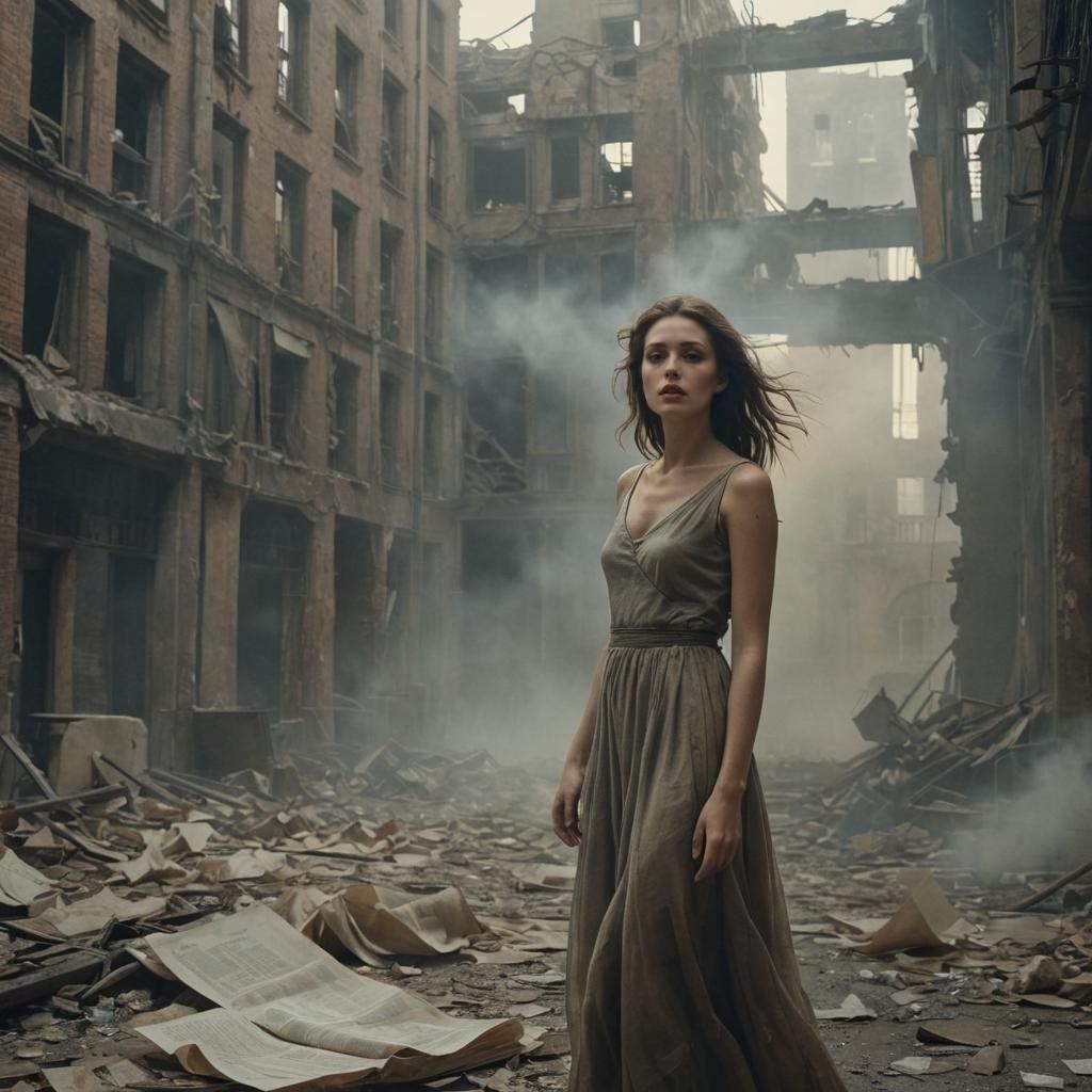 Dystopian Fashion: Woman Levitating in Abandoned Cityscape