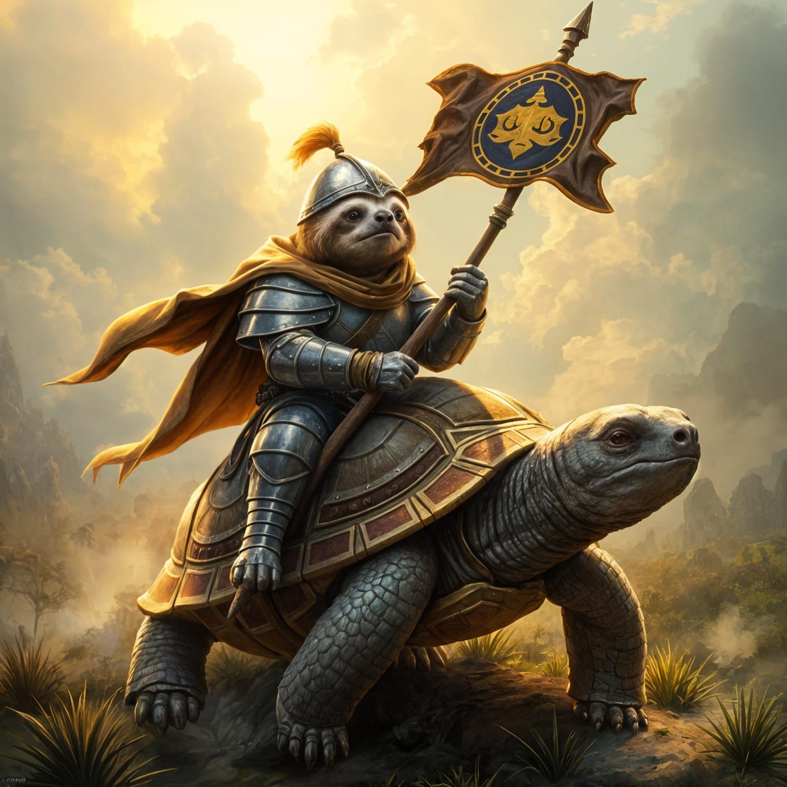 Sloth Knight on Turtle Steed in Misty Fantasy Battlefield