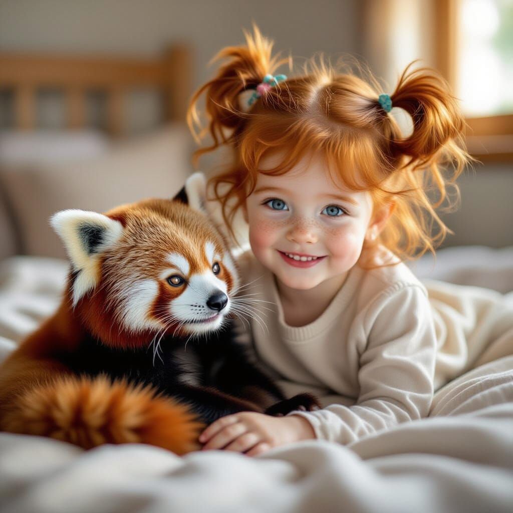 Girl and Red Panda in Cozy Bedroom, Professional Photo