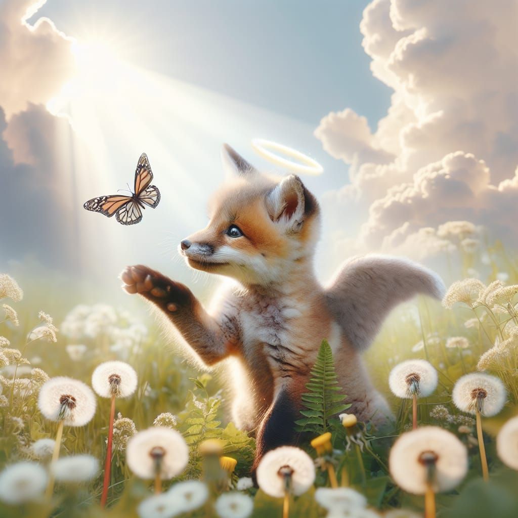 Fox Cub's Playful Dance with Butterfly in Dandelion Meadow