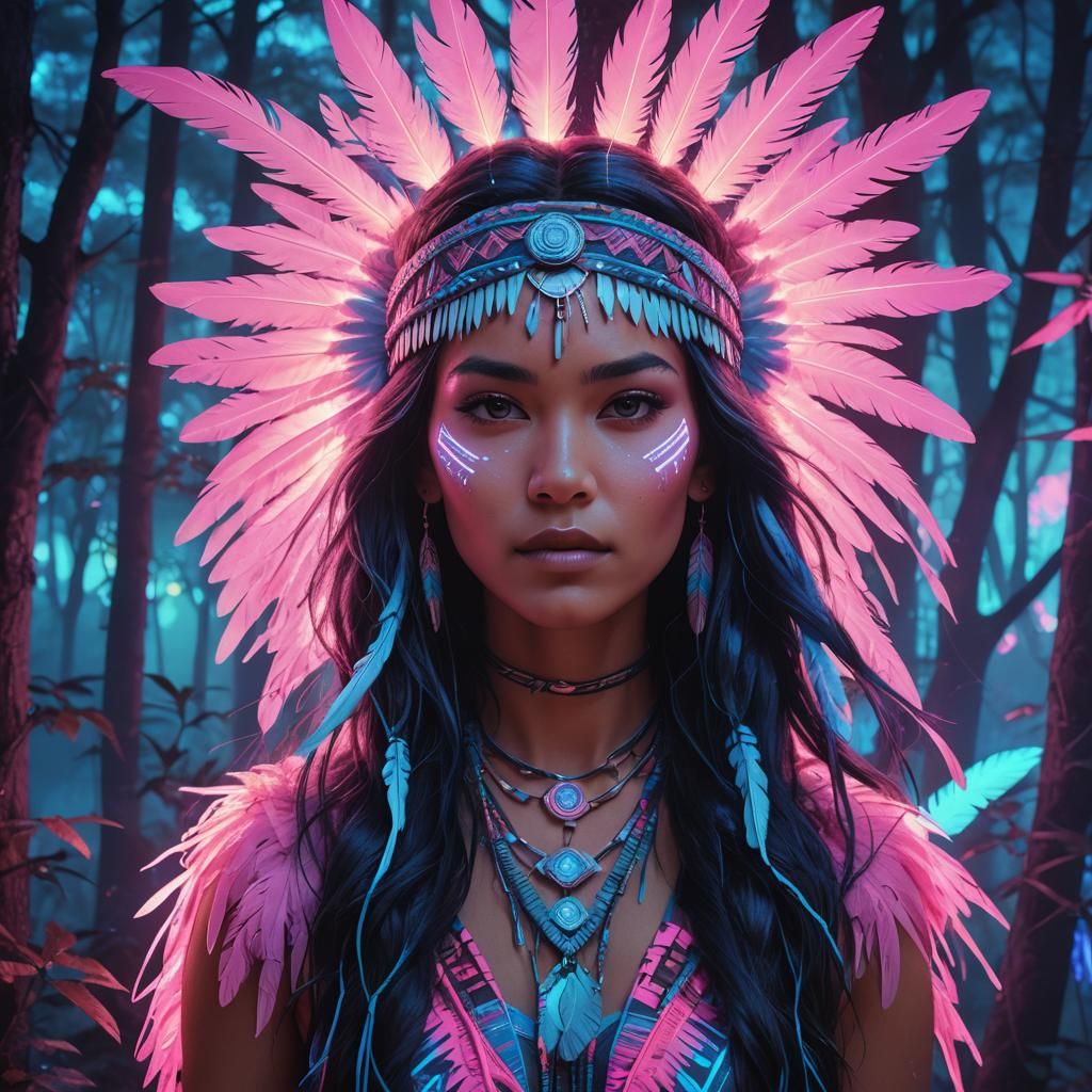 Neon Pocahontas Portrait in Synthwave Style