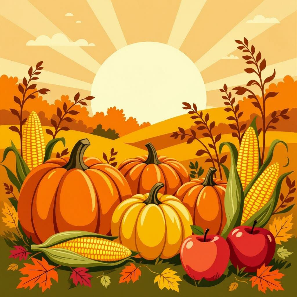 Autumn Harvest Scene with Pumpkins and Corn