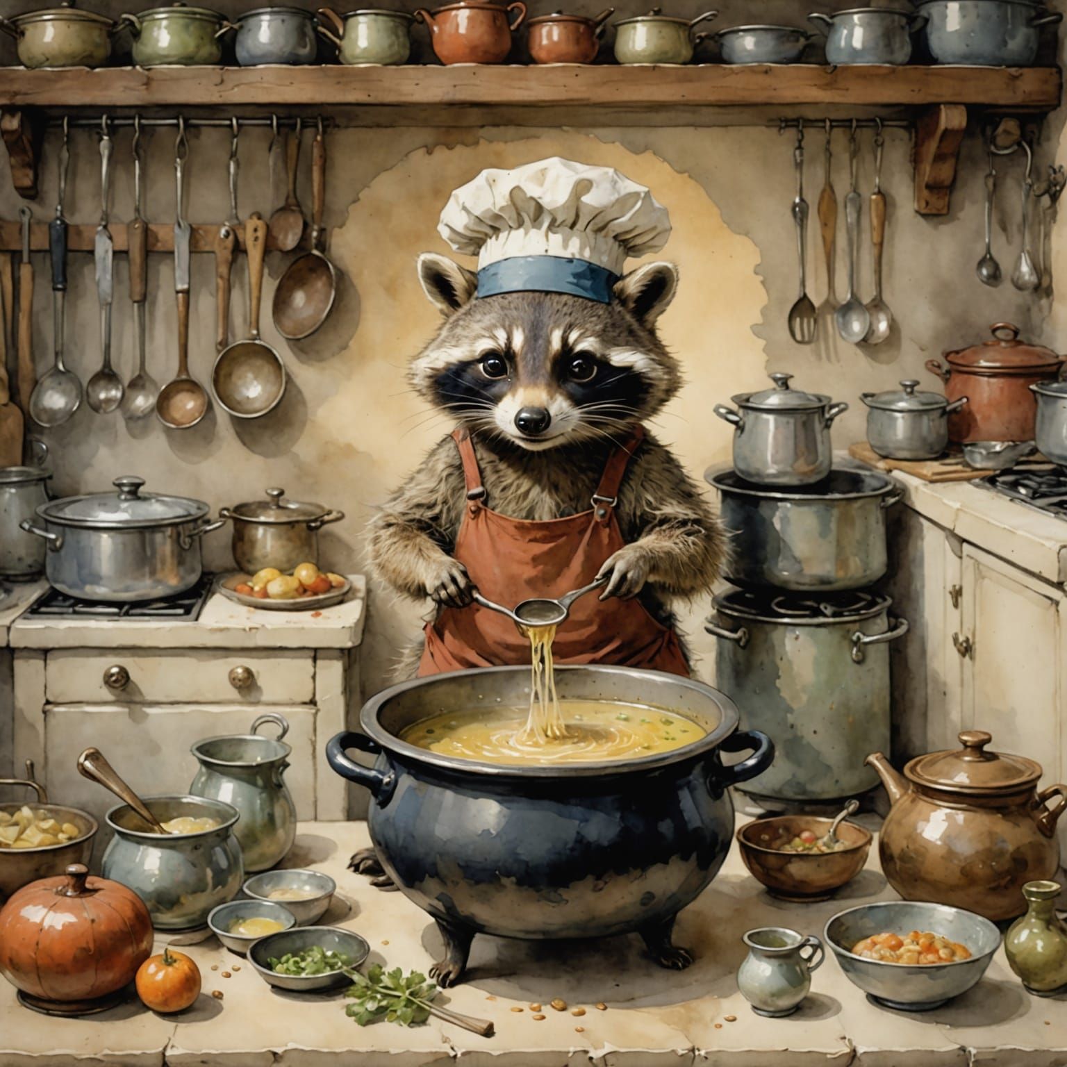 Whimsical Kitchen Scene with Raccoon Chef in Watercolor Styl...