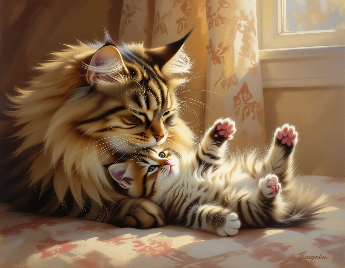 Mother Cat and Kitten Playing in Cozy Living Room