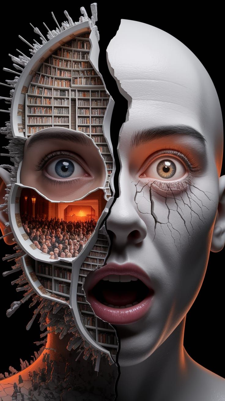 Cracked Face Reveals Memory Library: Digital Art Portrait