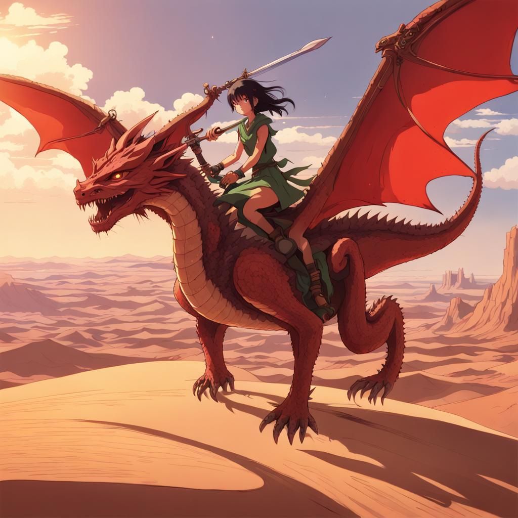 Elf Warrior Riding a Dragon in Anime Style